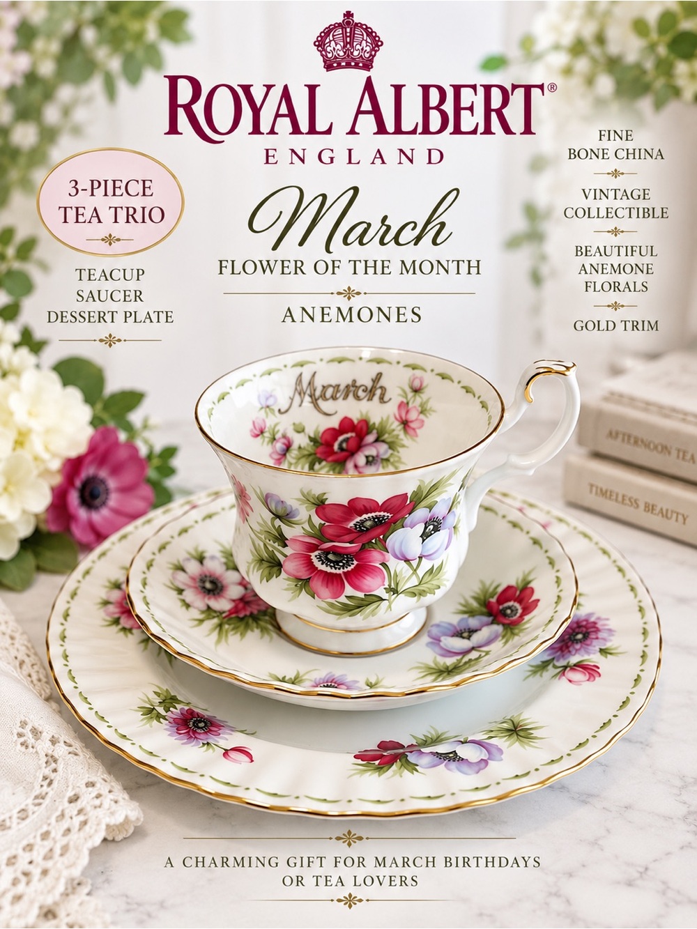 Royal Albert March “Anemones” | Flower of the Month 3-Piece Tea Set